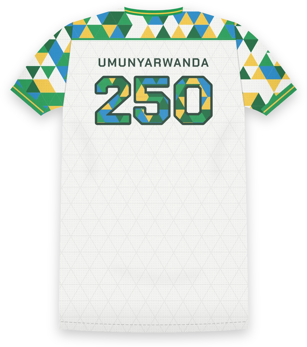 Imigongo jersey, back: triangle mosaic across the shoulders, UMUNYARWANDA and a mosaic-filled 250