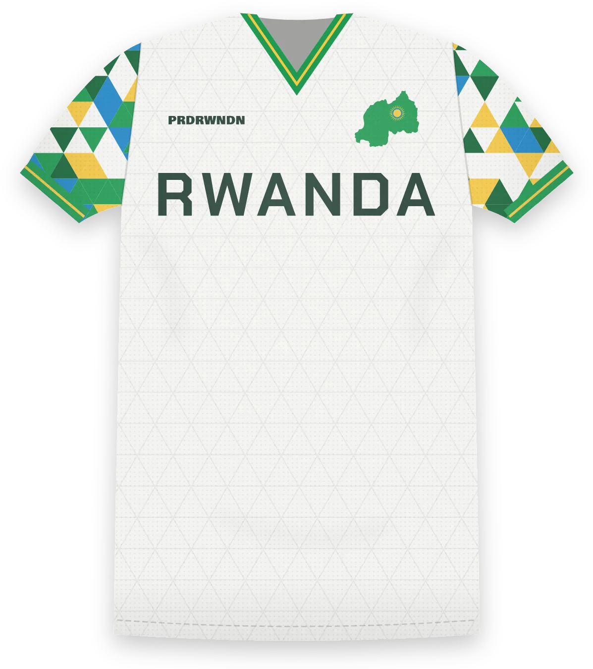 Imigongo jersey, front: white with a green, yellow and blue triangle mosaic on the sleeves, green V-neck, RWANDA wordmark
