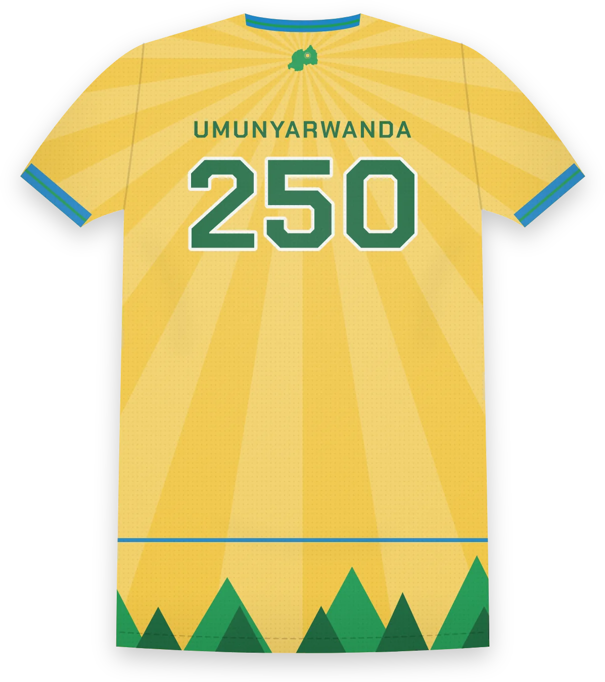 Izuba jersey, back: UMUNYARWANDA and the number 250 in green