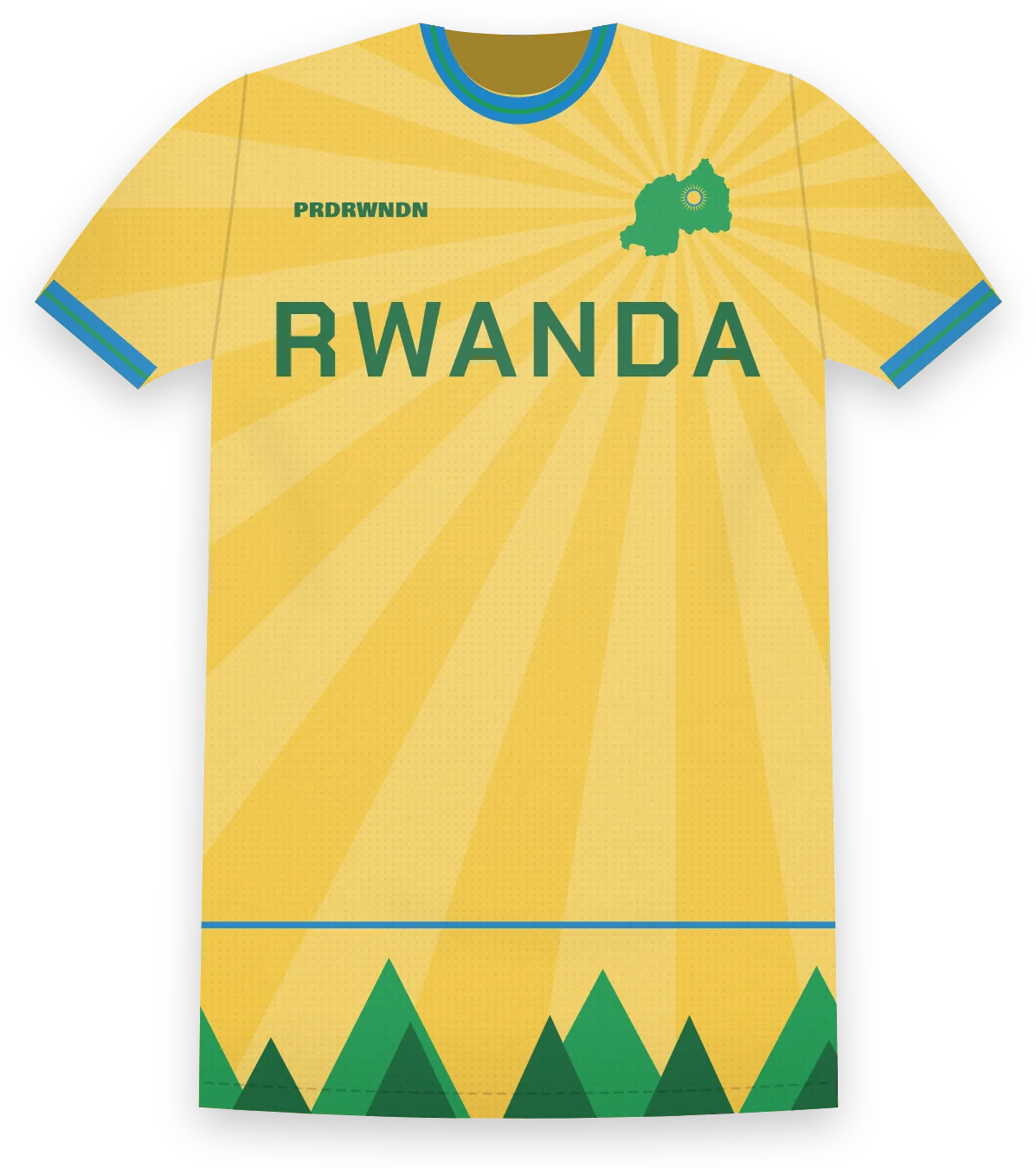 Izuba jersey, front: yellow with sun rays, green RWANDA wordmark, map crest, green hills at the hem